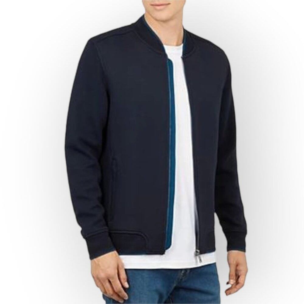 Ted Baker Holla Bomber Jacket MENS S Navy Blue Textured Sleeve Full Zip Fleece
